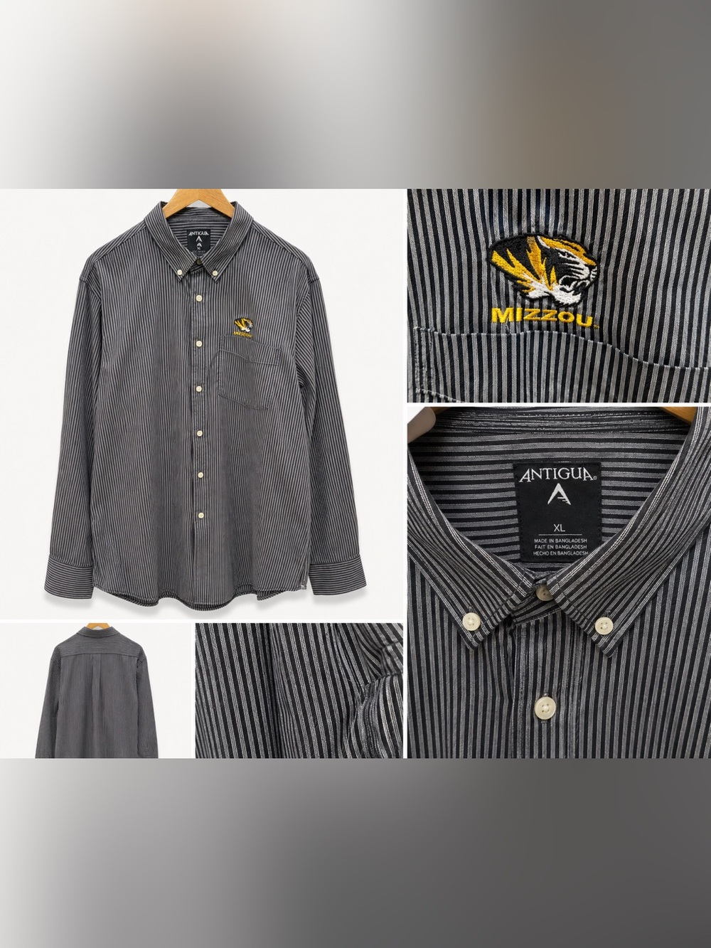 Antigua Black & White Pinstripe Mizzou Embroidered Button-Down Shirt